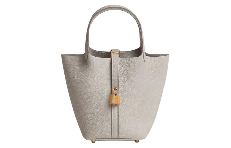 HERMES Picotin Clemence Bullock Leather Matte Crocodile Leather Bucket Bags Handbags Women's Gray