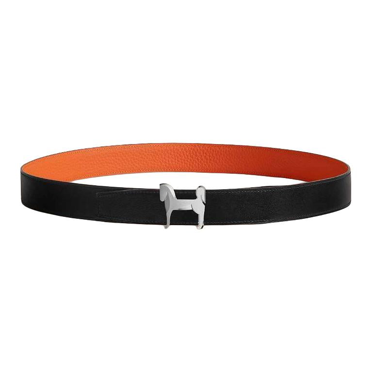 HERMES Double-Sided Design Smooth Buckle Calfskin Stainless Steel Leather Belts Men's Black/Orange Width: 3.2CM