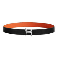 HERMES Double-Sided Design Smooth Buckle Calfskin Stainless Steel Leather Belts Men's Black/Orange Width: 3.2CM