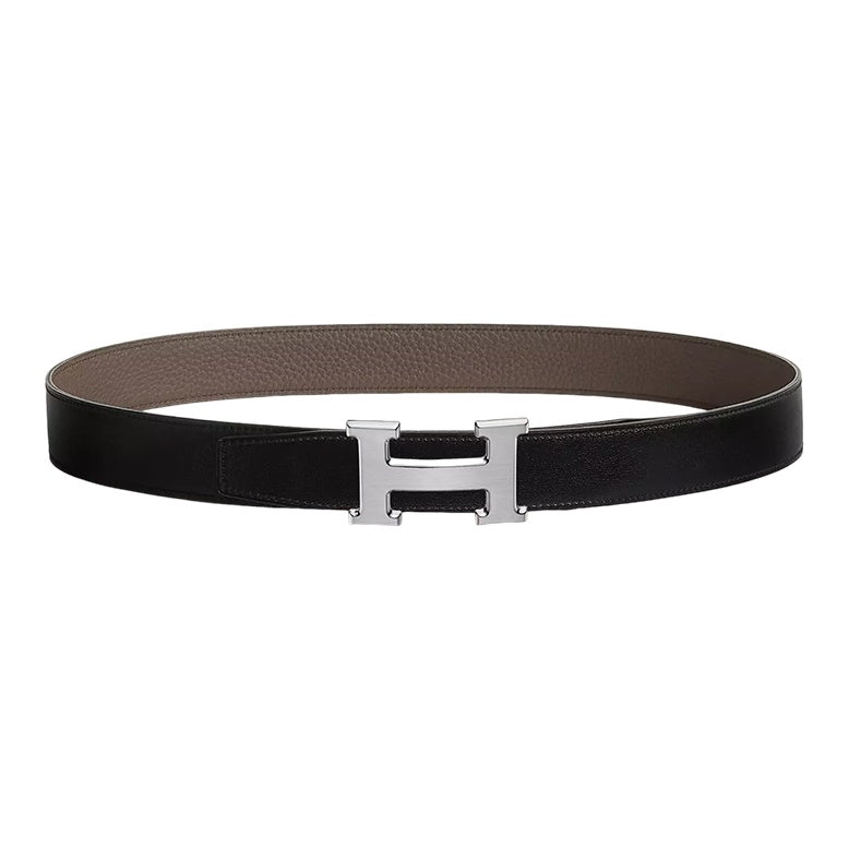 HERMES Calfskin Belt Men's Black/Tin Gray Width: 3.2cm