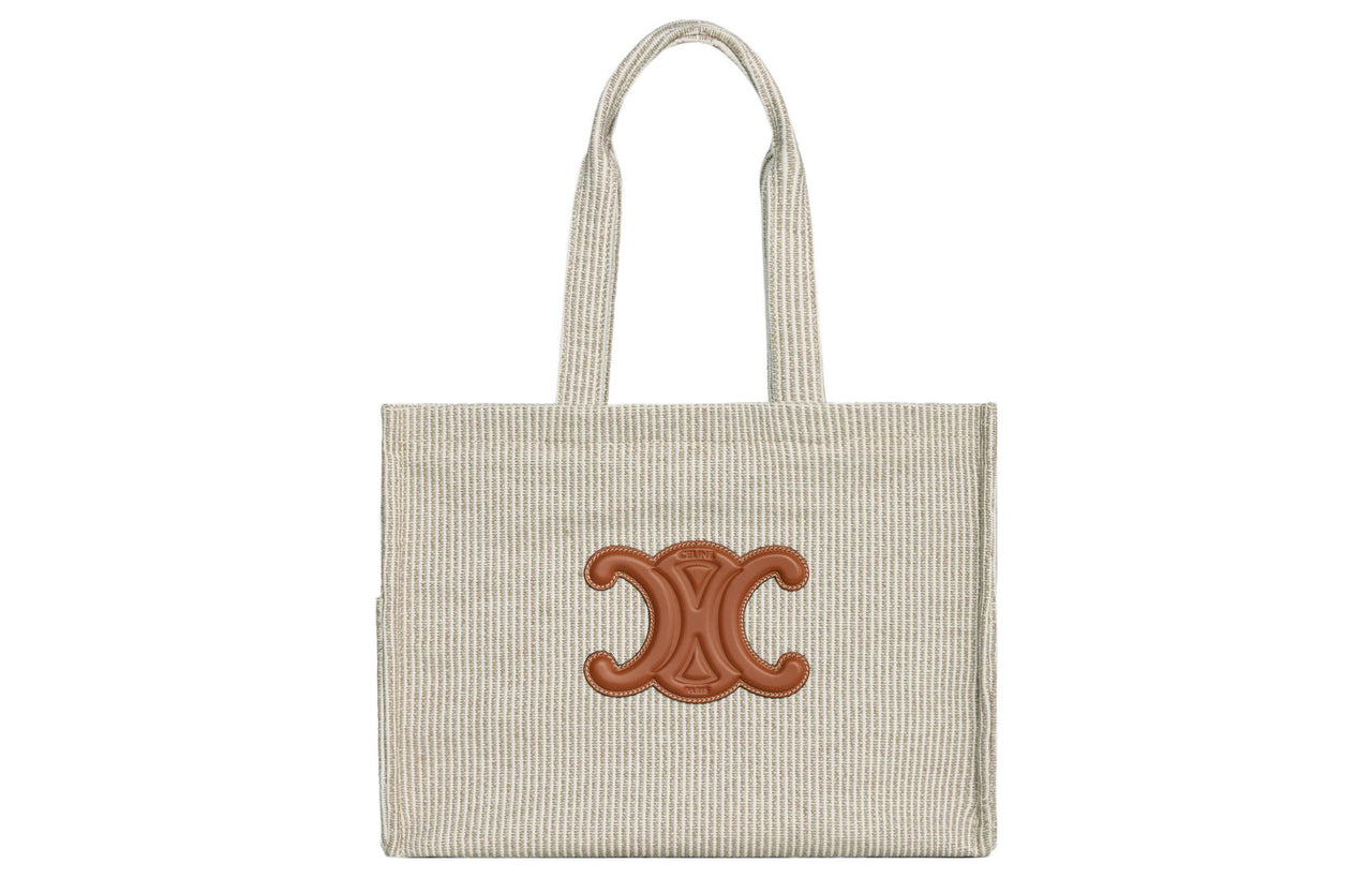 CELINE Cabas Thais Fabric With Calfskin Tote Bag Shopping Bag Shoulder Bag Handbag Large Size Women's Light Brown