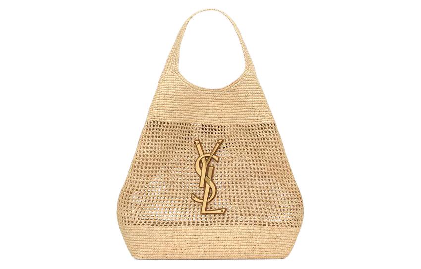 SAINT LAURENT Raffia Fiber & Calfskin & Brass Handbag Extra Large Women's Natural Gold & Palm Gold