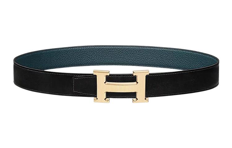 HERMES Comfortable Gold Buckle Togo Calfskin Double-Sided Leather Waist Belt Men's Black Width: 3.2CM
