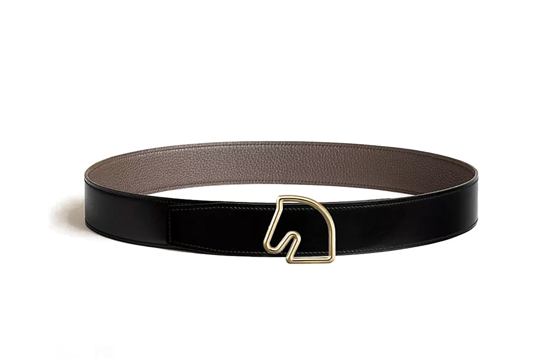 HERMES Gold Horse Head Smooth Buckle Leather Belts Men's Black/Light Brown 3.8CM