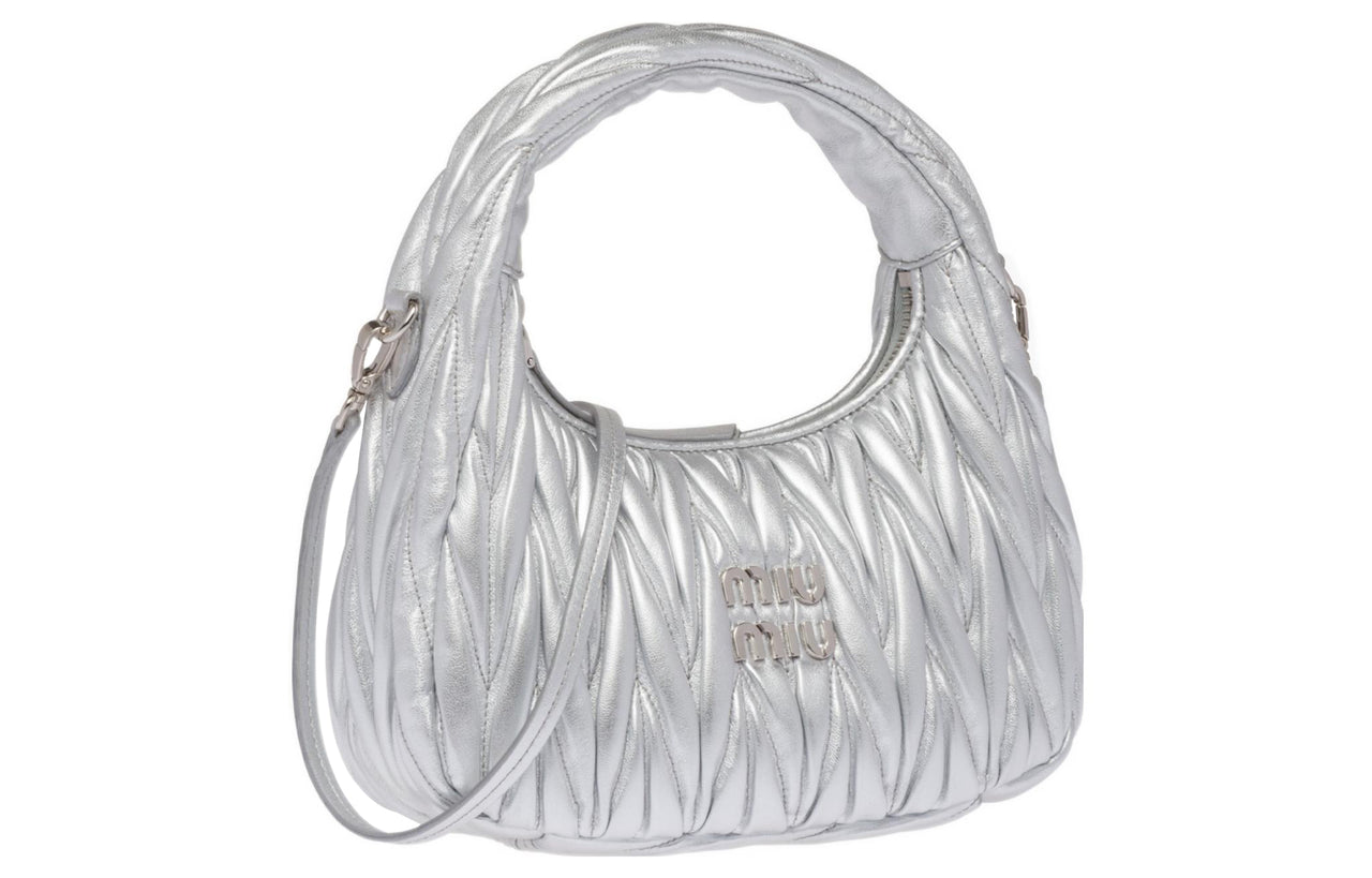 MIU MIU Wander Series Soft Sheep Leather Crescent Bag Shoulder Bag Crossbody Bag Handbag Small Size Women's Silver