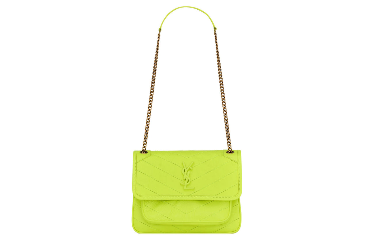SAINT LAURENT Niki Sheepskin Portable Crossbody Bag, Shoulder Bag Women's Neon Yellow