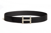 HERMES Brass Metal Leather Calfskin Leather Belts Men's Black Width: 3.8cm