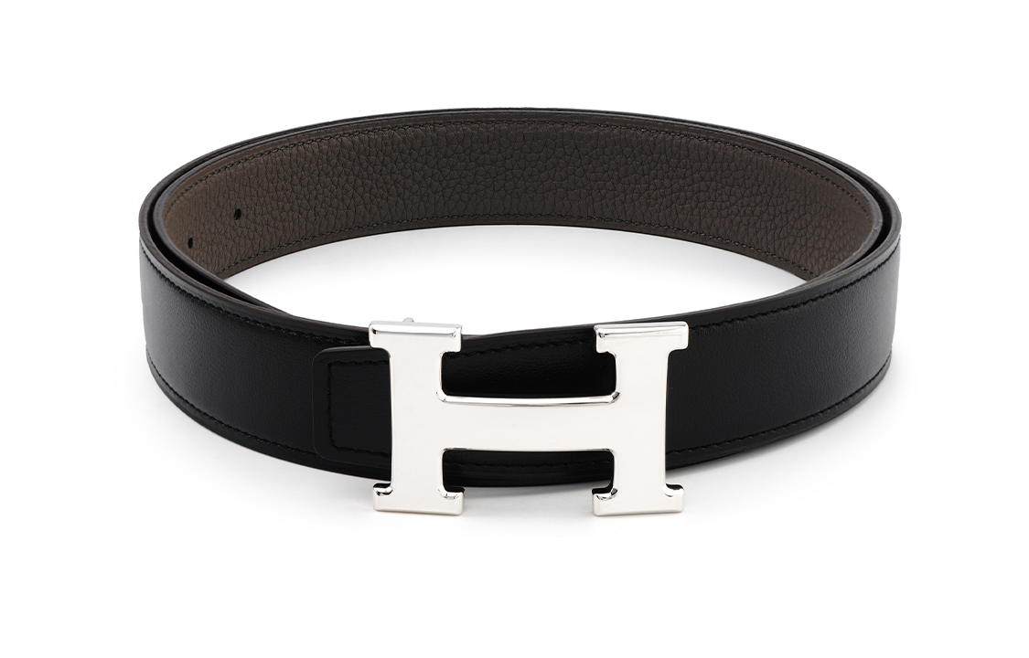 HERMES Epsom Calfskin Belt Leather Belts Men's Black/Tin Gray Width 3.2cm