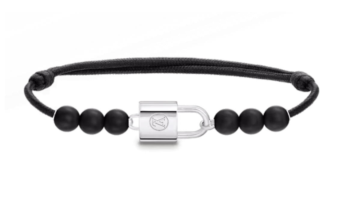 LOUIS VUITTON SiLOUIS VUITTONer Lockit Beads Bracelet Black Titanium And Black Polyester Cord