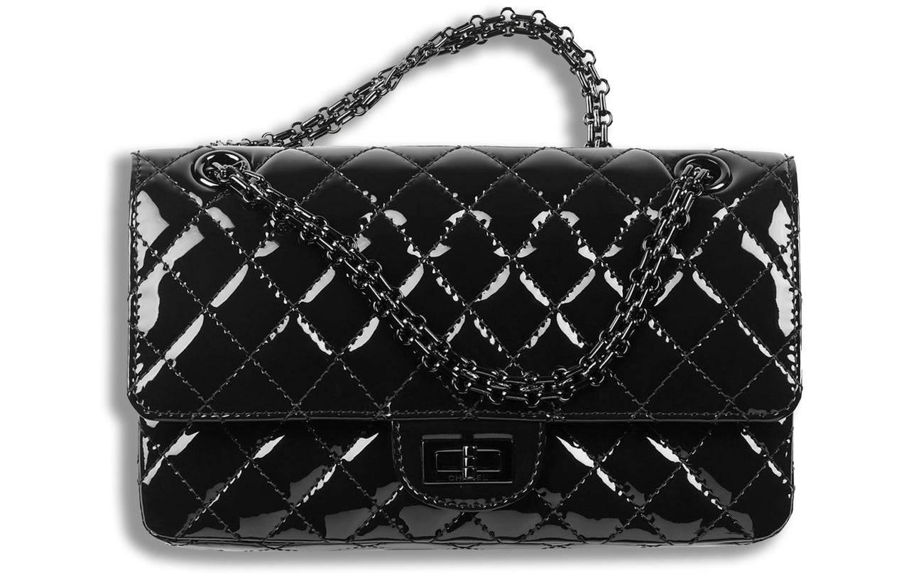 CHANEL 2.55 Calf Patent Leather & Metal Shoulder Bag, Crossbody Bag Women's Black