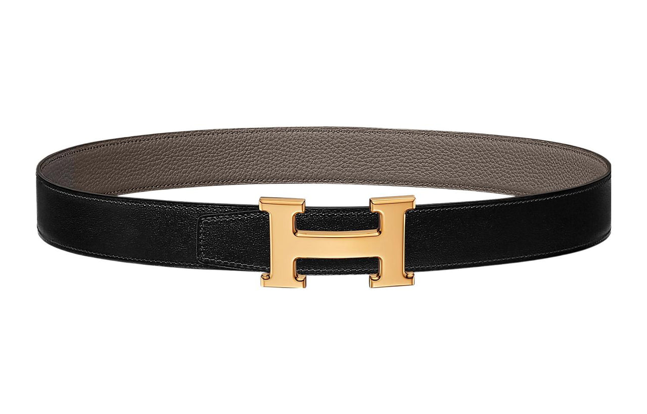 HERMES Gourmette Gold Buckle Epsom Calfskin Double-Sided Leather Belt Unisex Black/Tin Gray Width: 3.2cm
