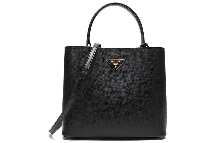 PRADA Double Cow Leather One Shoulder Handbag Women's Black