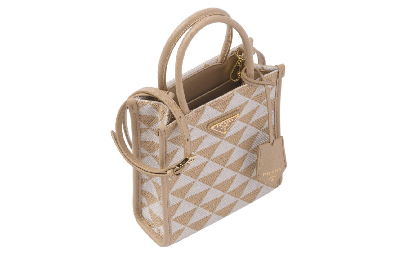 PRADA Symbole Fabric With Leather Tote Bag Shopping Bag Shoulder Bag Crossbody Bag Handbag Mini Women's White/Beige