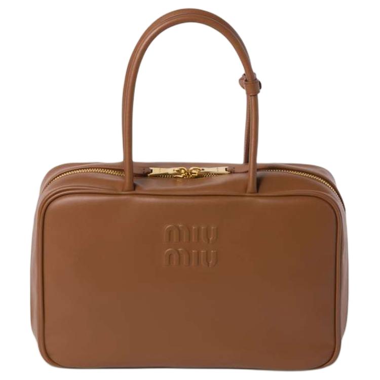 MIU MIU Beau Calfskin Bowling Bag Shoulder Bag Handbag Large Size Women's Cognac