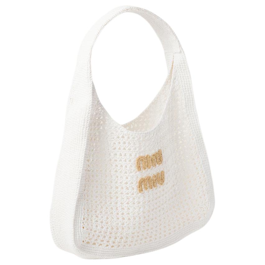 MIU MIU Raffia Fiber Blended Fabric Heart Moon Bag, Handbag, Shoulder Bag Women's White & Natural