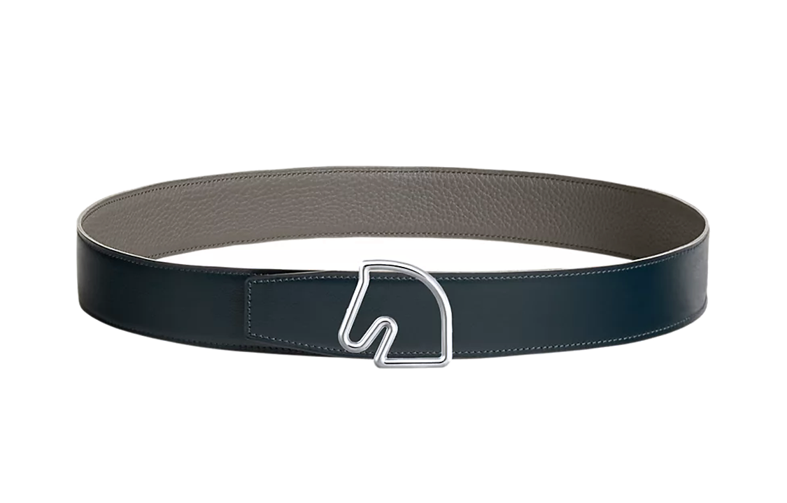 HERMES Solid Color Decoration Tete De Cheval Smooth Buckle Calfskin Leather Belts Men's Black Width 3.8CM