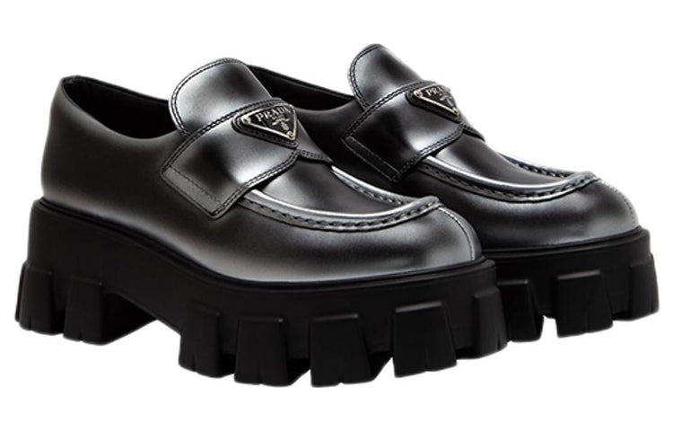 PRADA Monolith Brushed Leather Loafers 'White Spray Black' Women's