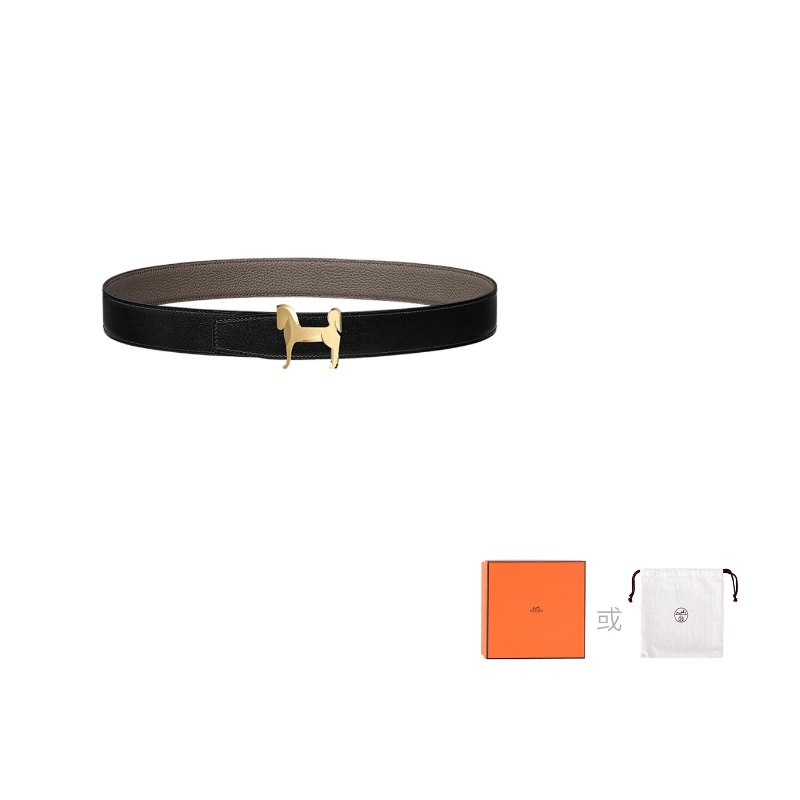 HERMES Cow Leather Leather Belts Men's Gray Black 3.2cm