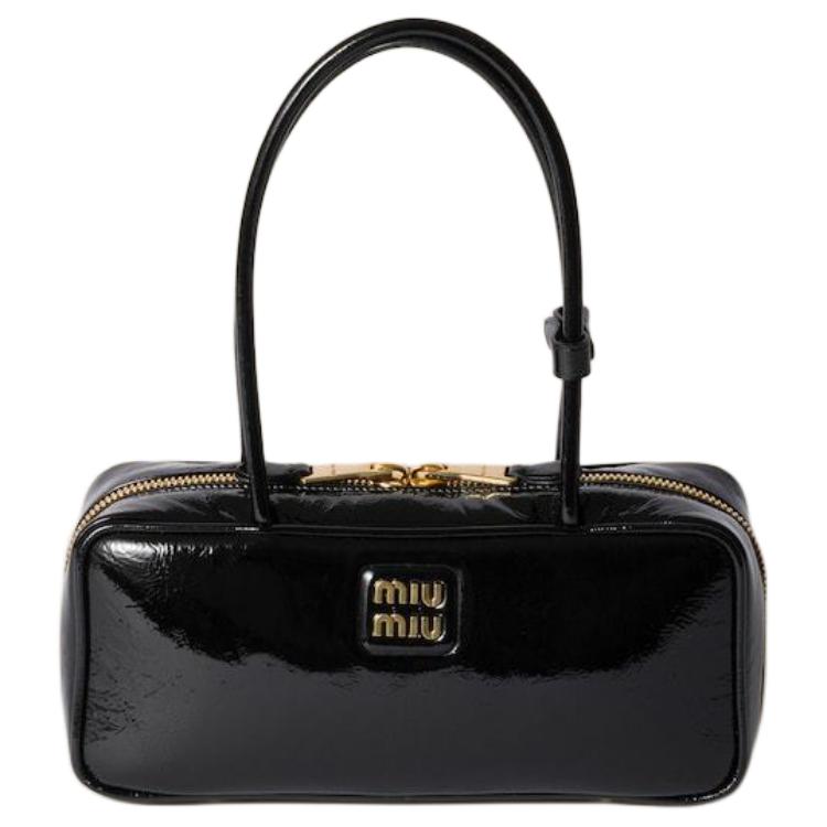 MIU MIU Naplak Lacquered Finish Sheepskin One Shoulder Handbags Women's Black
