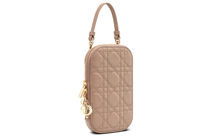 DIOR Lady Dior Lambskin One Shoulder Crossbody Cell Phone Pouch Women's Warm Taupe