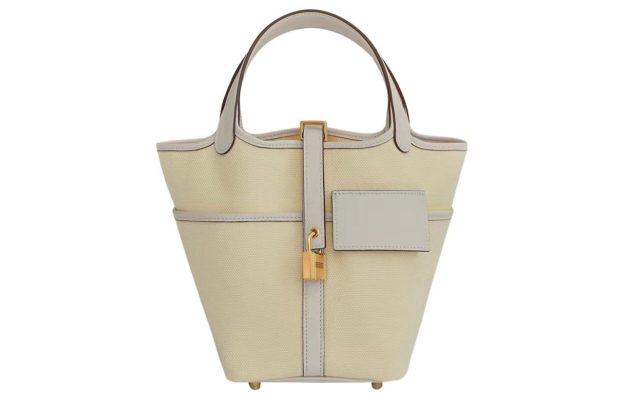 HERMES Picotin Lock Canvas With Swift Calfskin Basket Bag Bucket Bag Handbag Women's Light Beige/Cream White