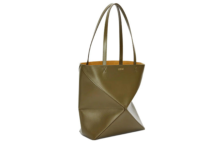 LOEWE Puzzle Fold Shiny Cow Leather Tote Bag, Shopping Bag, Handbag Medium Size Women's Dark Khaki Green