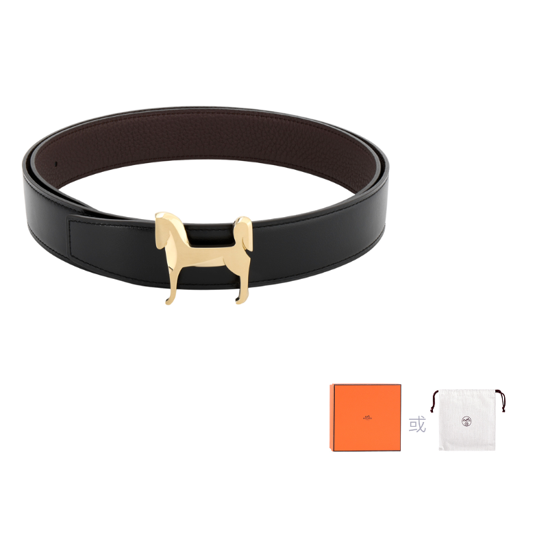 HERMES Togo Calfskin Double-Sided Leather Leather Belts Men's Black Width: 3.2cm