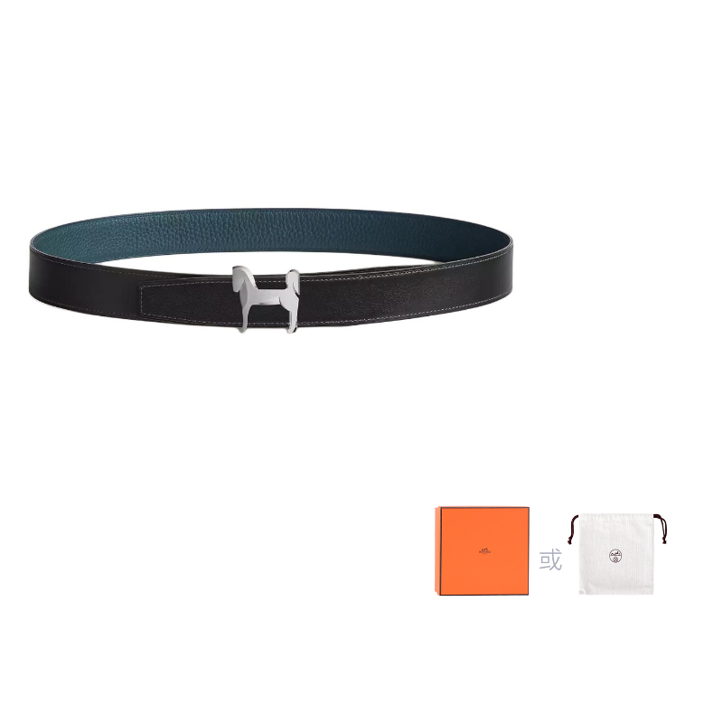 HERMES Metal Leather Belts Men's Black Width  3.2CM