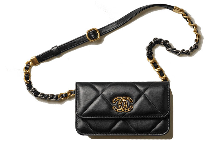 CHANEL 19Bag Sheepskin Fanny Pack Shoulder Bag Cell Phone Pouch Shoulder Bag Crossbody Bag Regular Women's Black