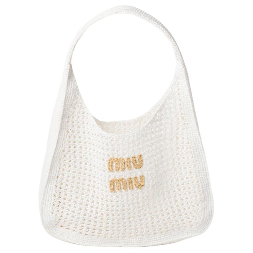 MIU MIU Raffia Fiber Blended Fabric Heart Moon Bag, Handbag, Shoulder Bag Women's White & Natural