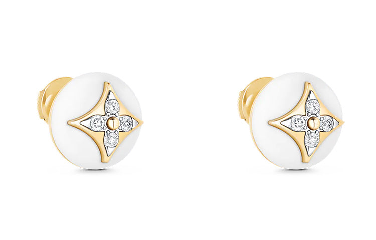 LOUIS VUITTON Color Blossom Studs Yellow Gold White Gold White Agate And Diamonds
