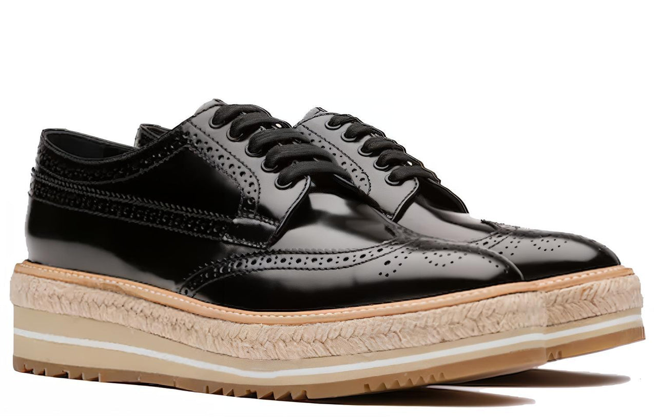 PRADA Brogue Trim Microsole Brushed Leather Shoes 'Black' Women's