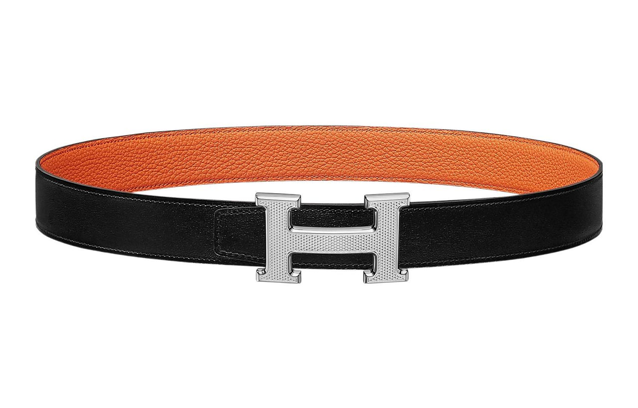 HERMES Letter Etched Silver Buckle Togo Calfskin Double-Sided Leather Belt Women's Black Width: 3.2cm