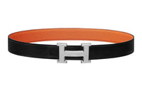 HERMES Letter Etched Silver Buckle Togo Calfskin Double-Sided Leather Belt Women's Black Width: 3.2cm