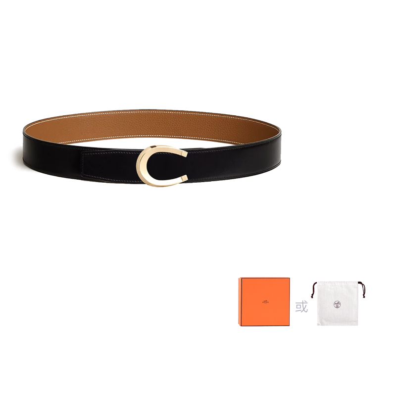 HERMES Calfskin Leather Belts Men's Black Width: 3.8cm