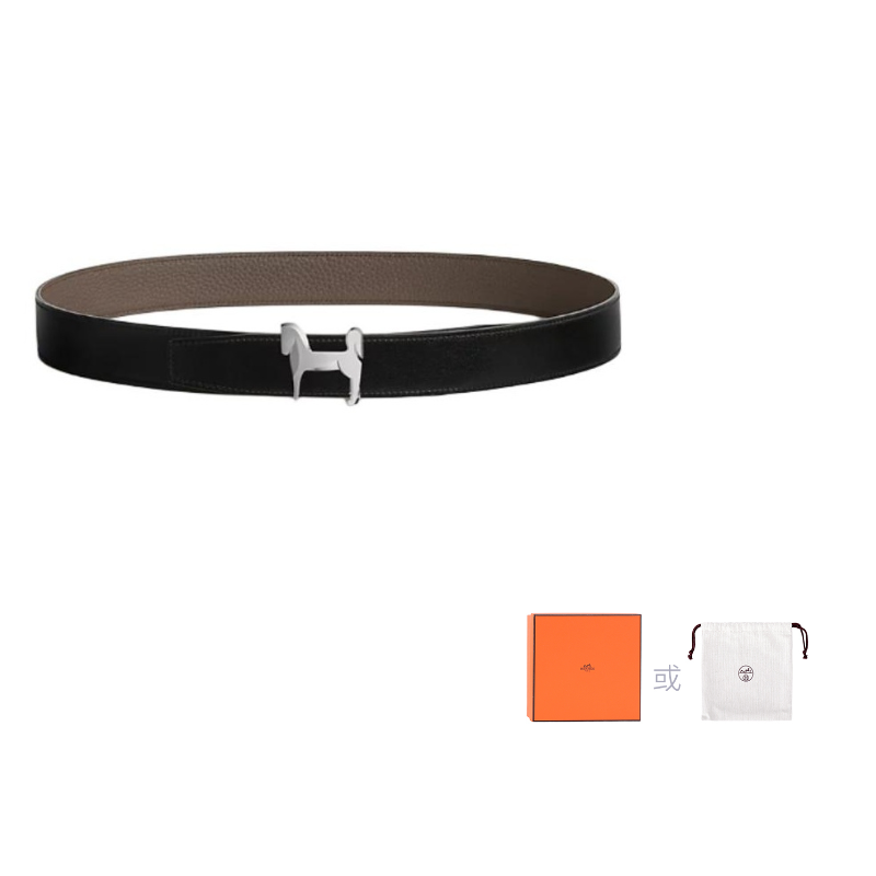 HERMES Calfskin Leather Belts Men's Black Width: 3.2CM