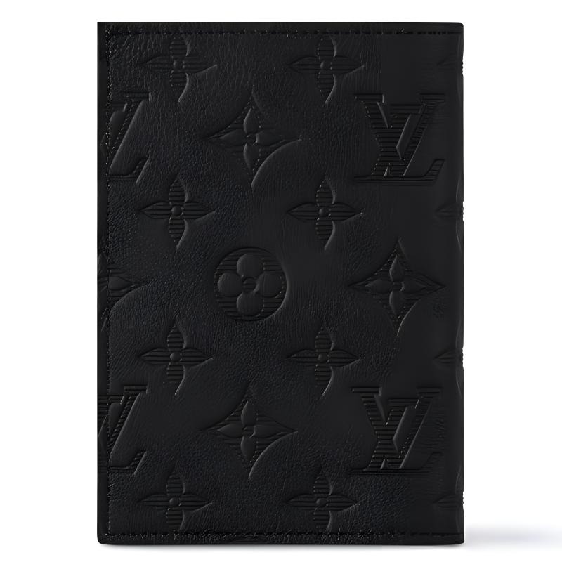 LOUIS VUITTON Monogram Shadow Embossed Cow Leather Passport Holder Men's Black