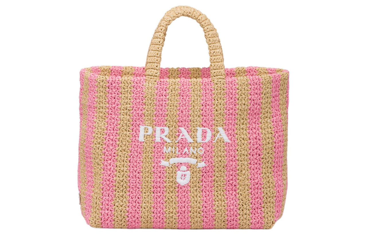 PRADA Raffia Fiber Tote Bag, Shopping Bag, Handbag Tubas Women's Tan/Petal Pink