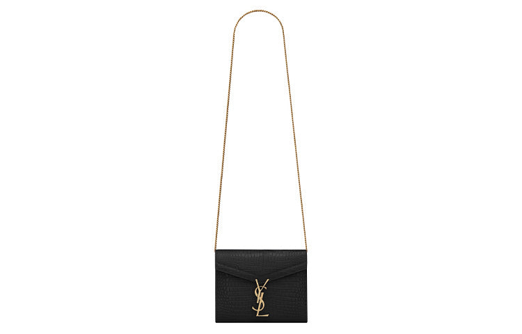 SAINT LAURENT Crocodile Embossed Bright Leather Chain Wallet, Envelope Bag, Crossbody Bag, Shoulder Bag Women's Black