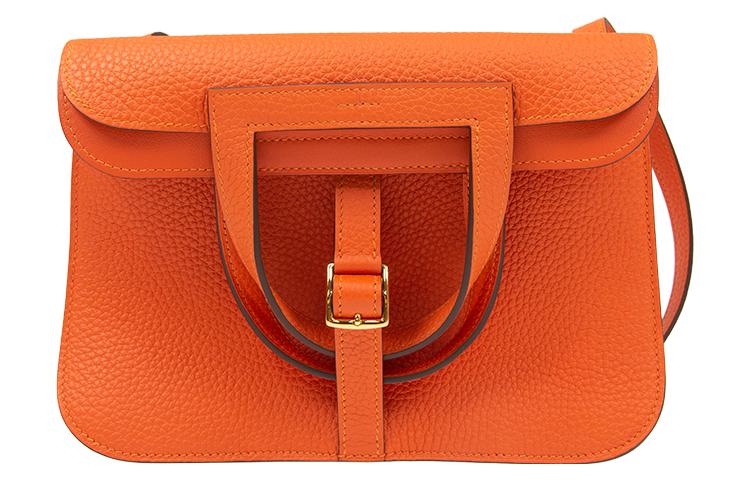 HERMES Halzan Clemence Bullock Leather Shoulder Bag Crossbody Bag Handbag Regular Women's 9J Feu Flame Orange