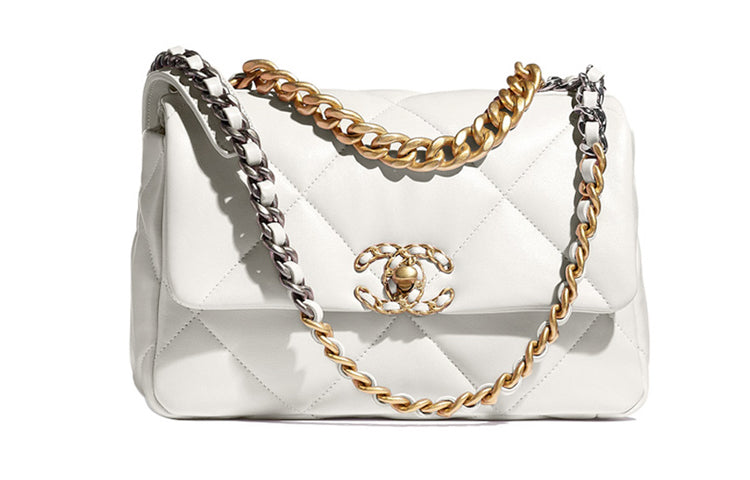 CHANEL 19Bag Sheepskin Portable Crossbody Bag Shoulder Bag Small Size Women's Pure White