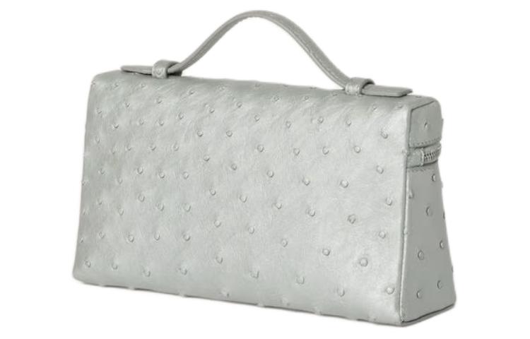 Loro Piana Ostrich Leather Shoulder Bag Crossbody Bag Handbag Women's Silver