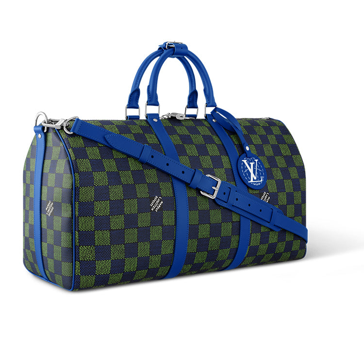 LOUIS VUITTON KeepallBandoulière Damier Heritage Coated Canvas One Shoulder Portable Travel Bag Men's Turquoise