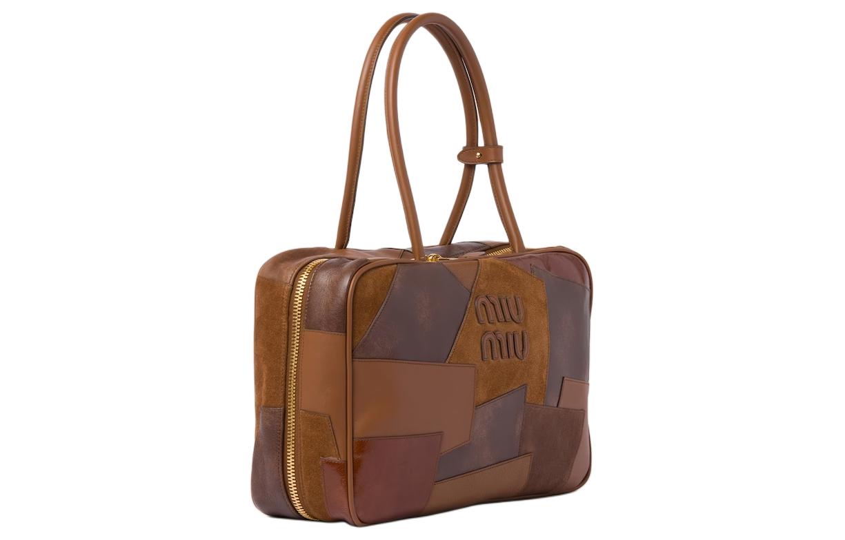MIU MIU Cow Leather And Sheepskin Patchwork Bowling Bag One Shoulder Handbags Women's Cognac