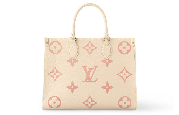LOUIS VUITTON ONTHEGO Embossed Cow Leather Tote Bag, Shopping Bag, Handbag Medium Size Women's Cream White/Pink