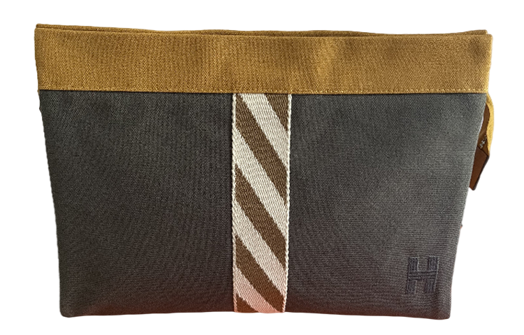 HERMES Fabric Toiletry Bag Clutch Women's Gray/Yellow Brown