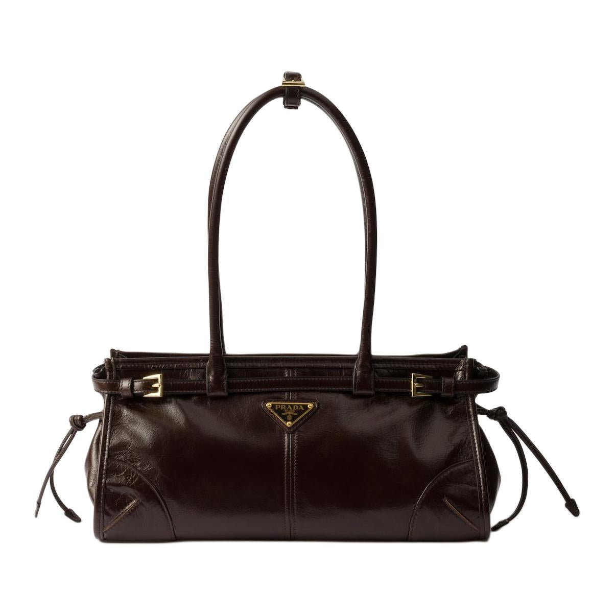 PRADA Leather One Shoulder Handbag Medium Size Women's Dark Brown