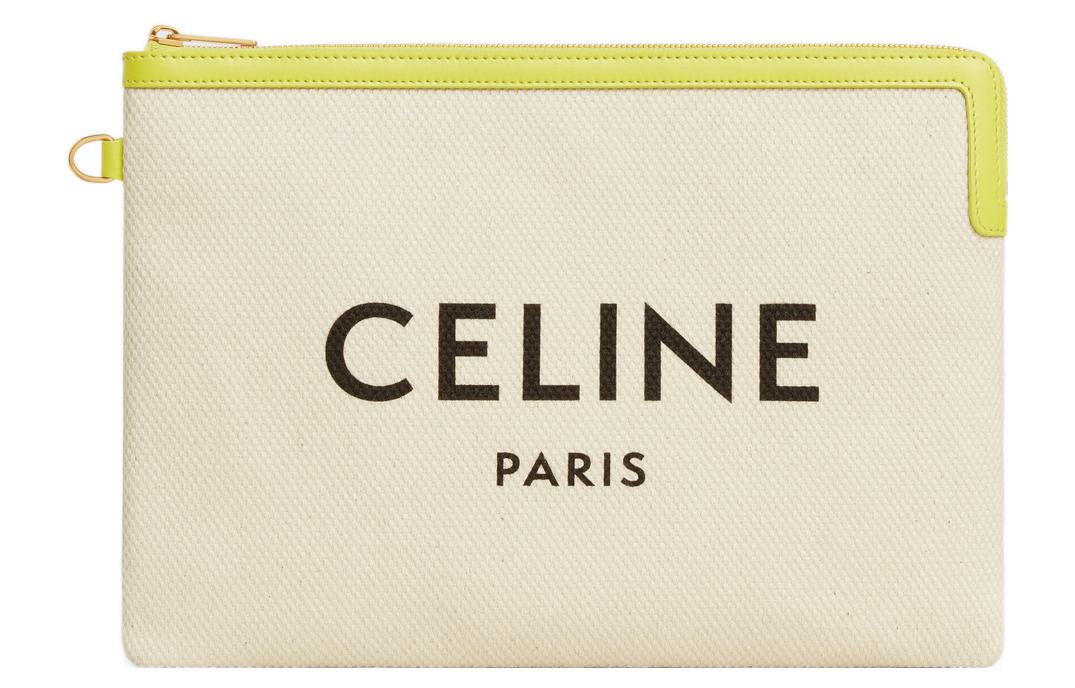 CELINE Cow Leather With Fabric Portable Clutch Small Size Women's Beige Yellow