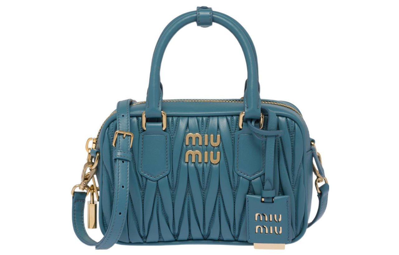 MIU MIU Wander Series Leather Bowling Bag Shoulder Bag Crossbody Bag Handbag Small Size Women's Light Blue