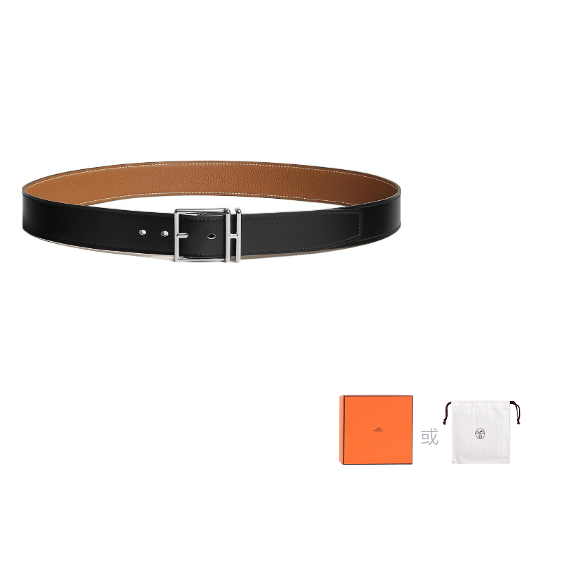 HERMES Calfskin Leather Belts Men's Black/Gold Width: 3.2cm